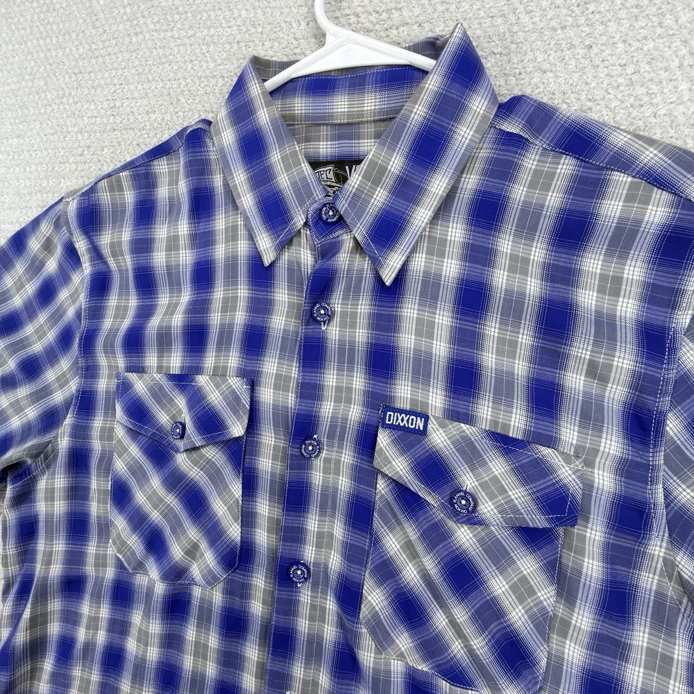 Dixxon Blue Line Bamboo Shirt Mens Medium Blue Gray Plaid Short Sleeve Button Up